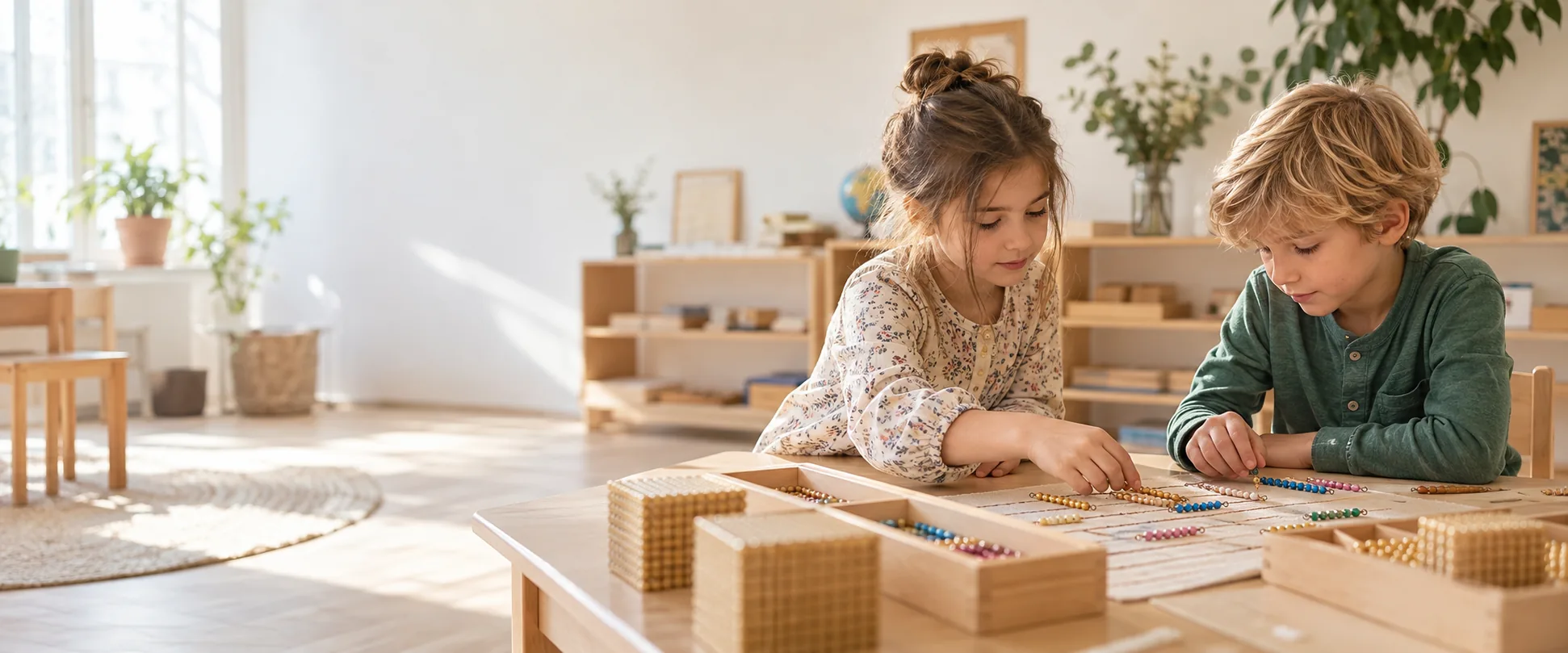 Wizualizacja AI: dwoje dzieci pracuje z koralikami w pracowni Montessori
