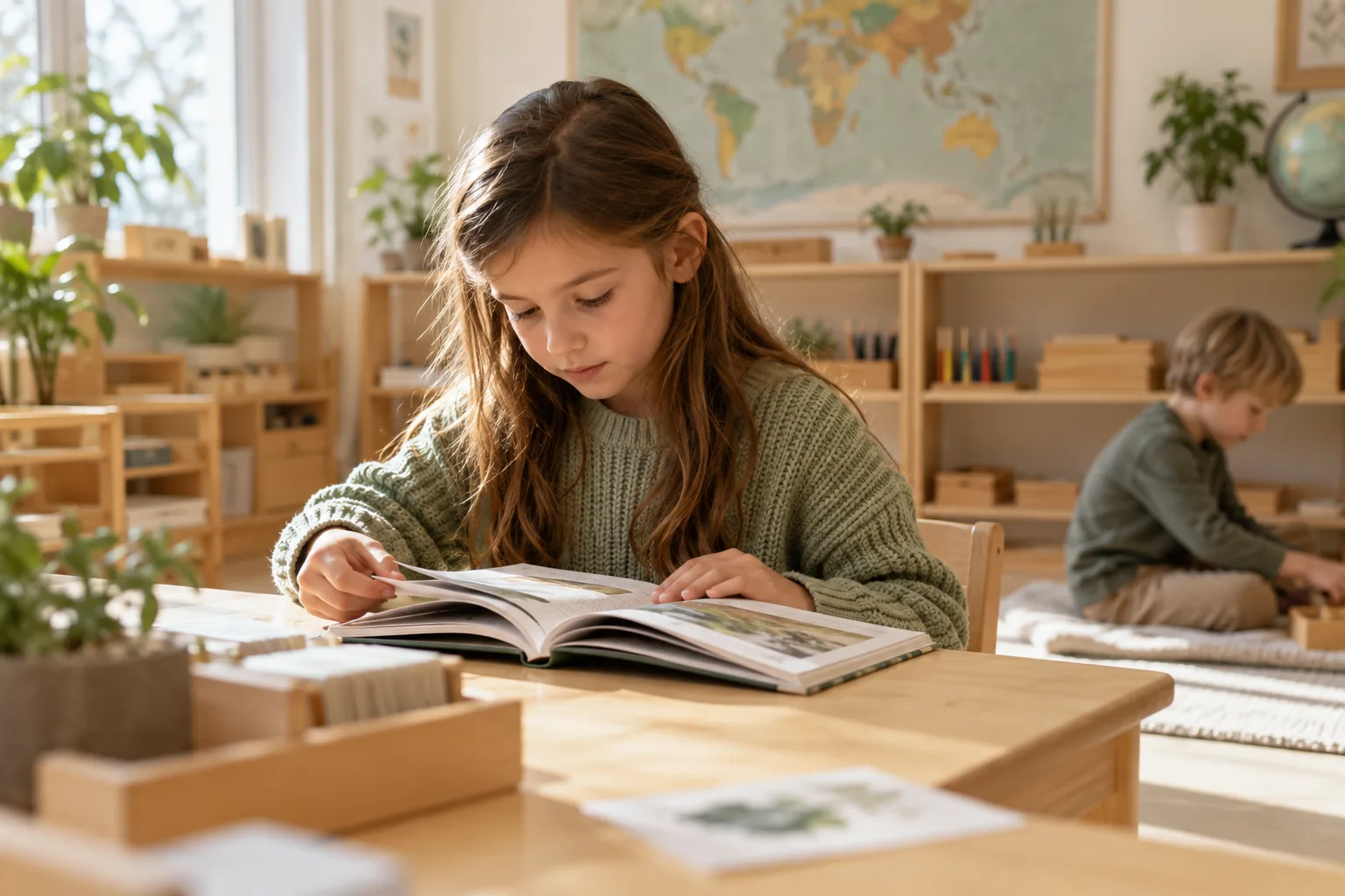 Wizualizacja AI: dziecko czyta książkę w pracowni Montessori